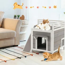 Tangkula 2-Story Outdoor Cat House, Feral Kitty Houses with Escape Doors