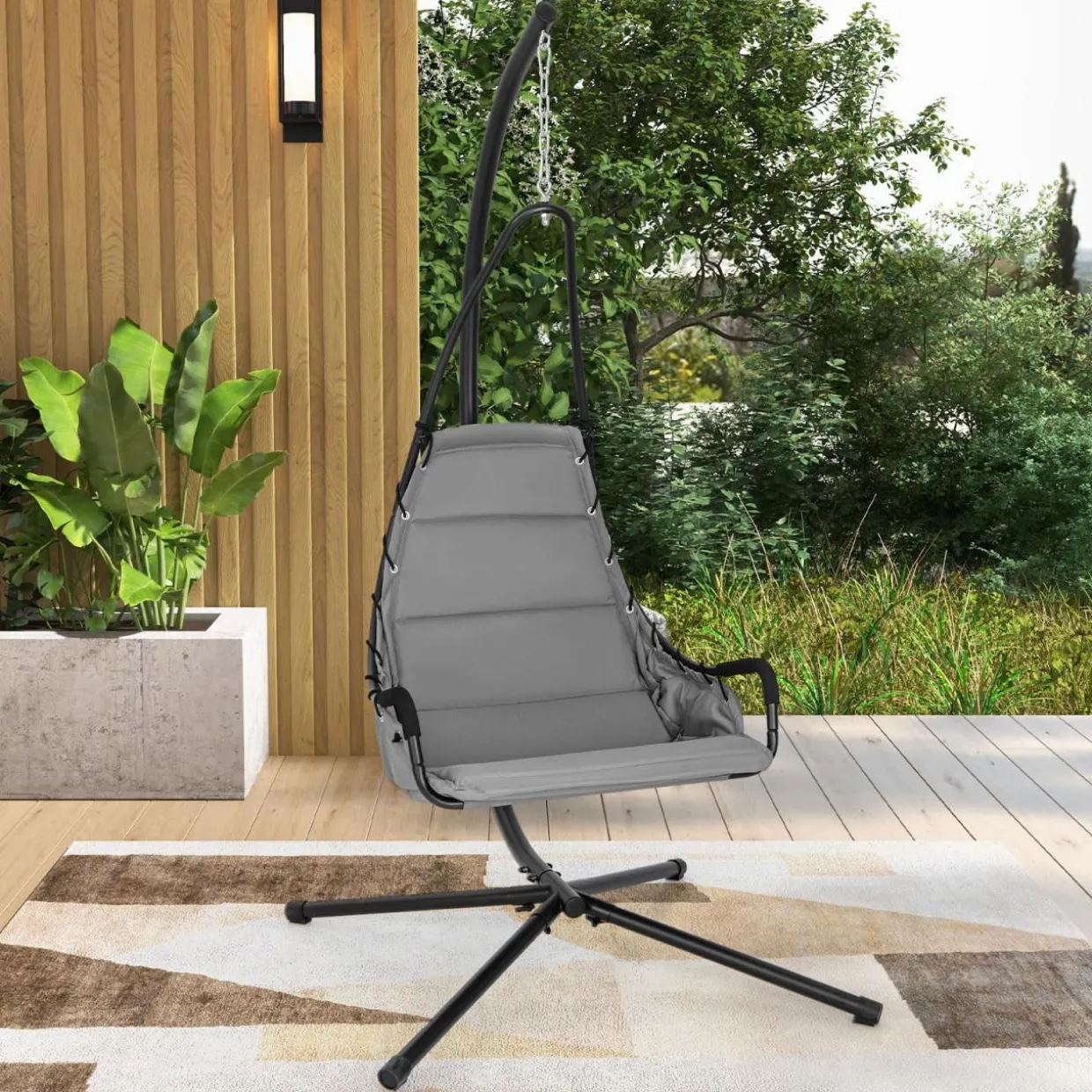 Tangkula Swing Chair with Stand, Hanging Egg Chair with Cushion, Indoor Outdoor Hammock Chair