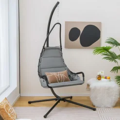 Tangkula Swing Chair with Stand, Hanging Egg Chair with Cushion, Indoor Outdoor Hammock Chair