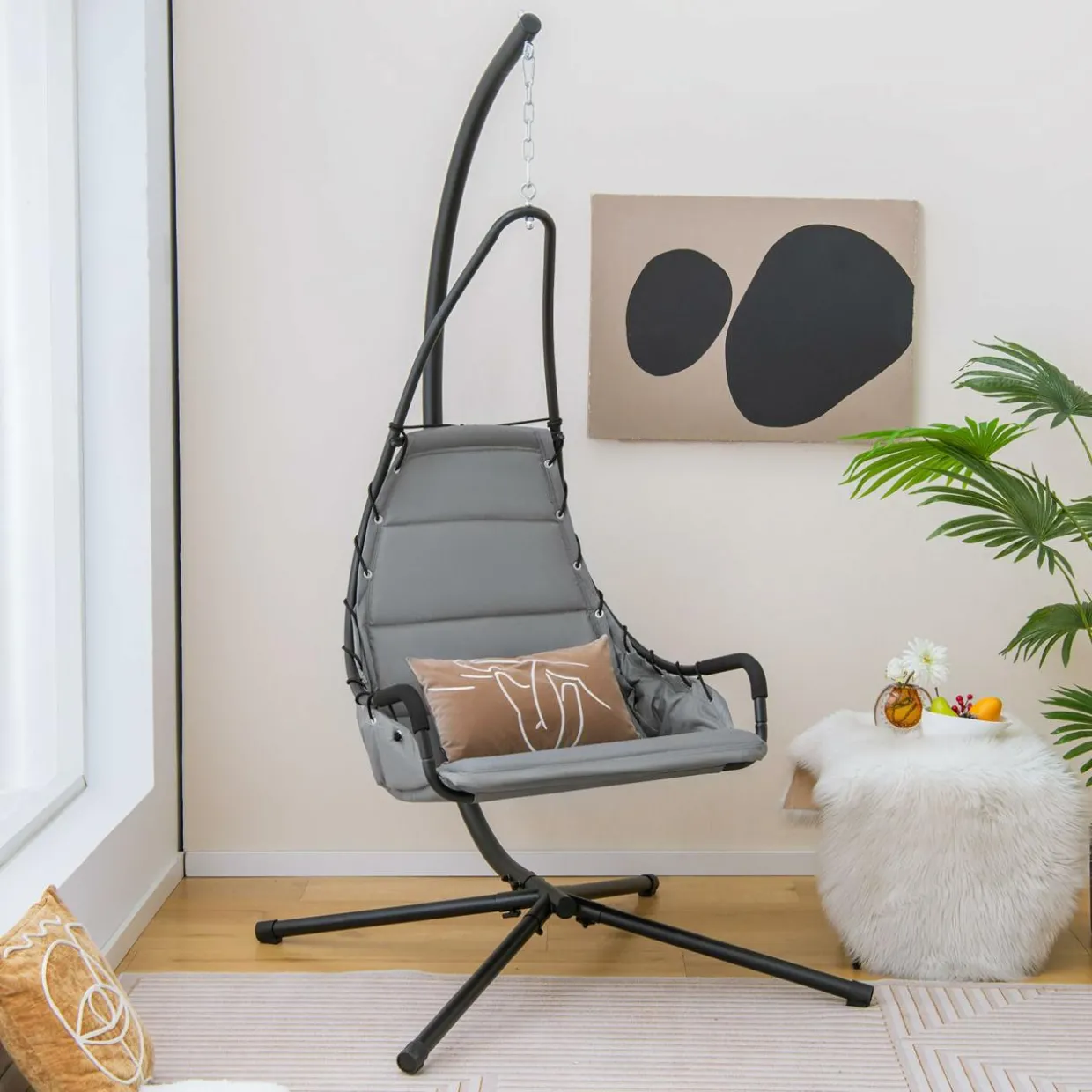 Tangkula Swing Chair with Stand, Hanging Egg Chair with Cushion, Indoor Outdoor Hammock Chair