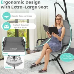 Tangkula Swing Chair with Stand, Hanging Egg Chair with Cushion, Indoor Outdoor Hammock Chair