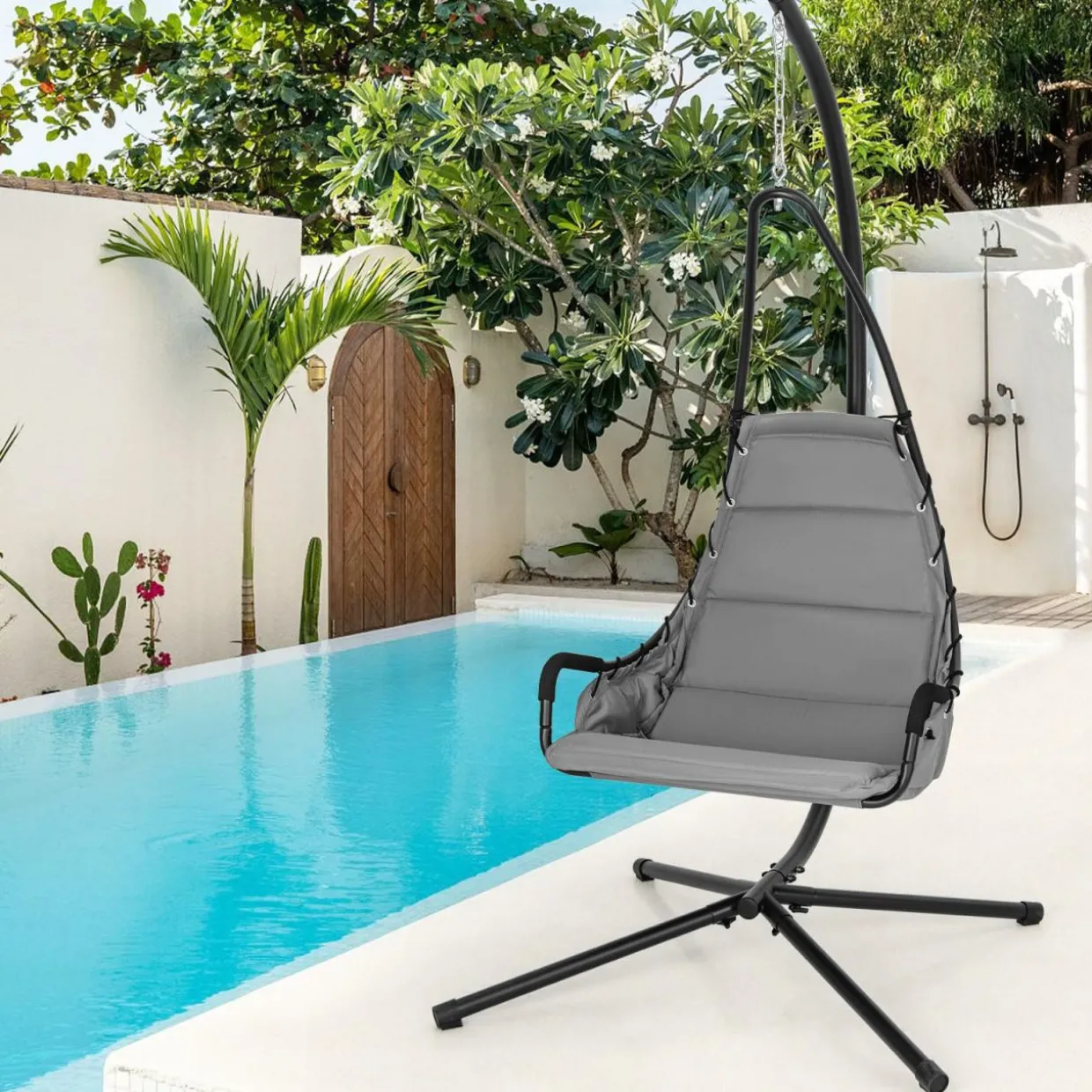 Tangkula Swing Chair with Stand, Hanging Egg Chair with Cushion, Indoor Outdoor Hammock Chair