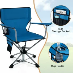 Tangkula Swivel Camping Chair, Portable Lawn Chair with Cup Holder, Storage Pocket, Carrying Bag