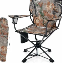 Tangkula Swivel Camping Chair, Portable Lawn Chair with Cup Holder, Storage Pocket, Carrying Bag