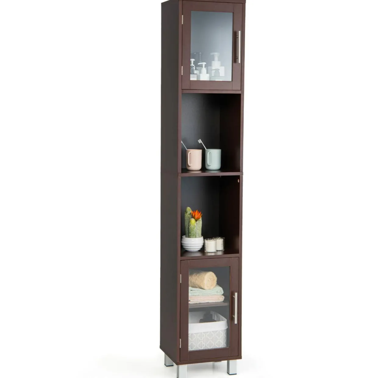 Tangkula Tall Bathroom Cabinet, Home Bedroom Living Room Wood Linen Storage Cabinet Free Standing