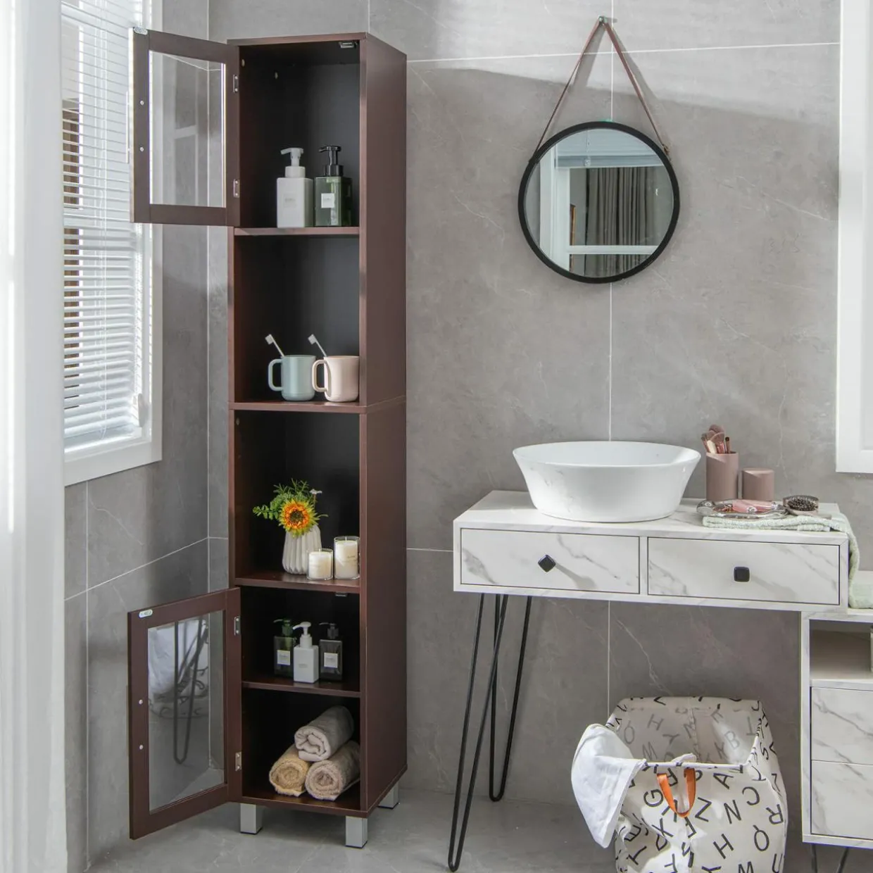 Tangkula Tall Bathroom Cabinet, Home Bedroom Living Room Wood Linen Storage Cabinet Free Standing