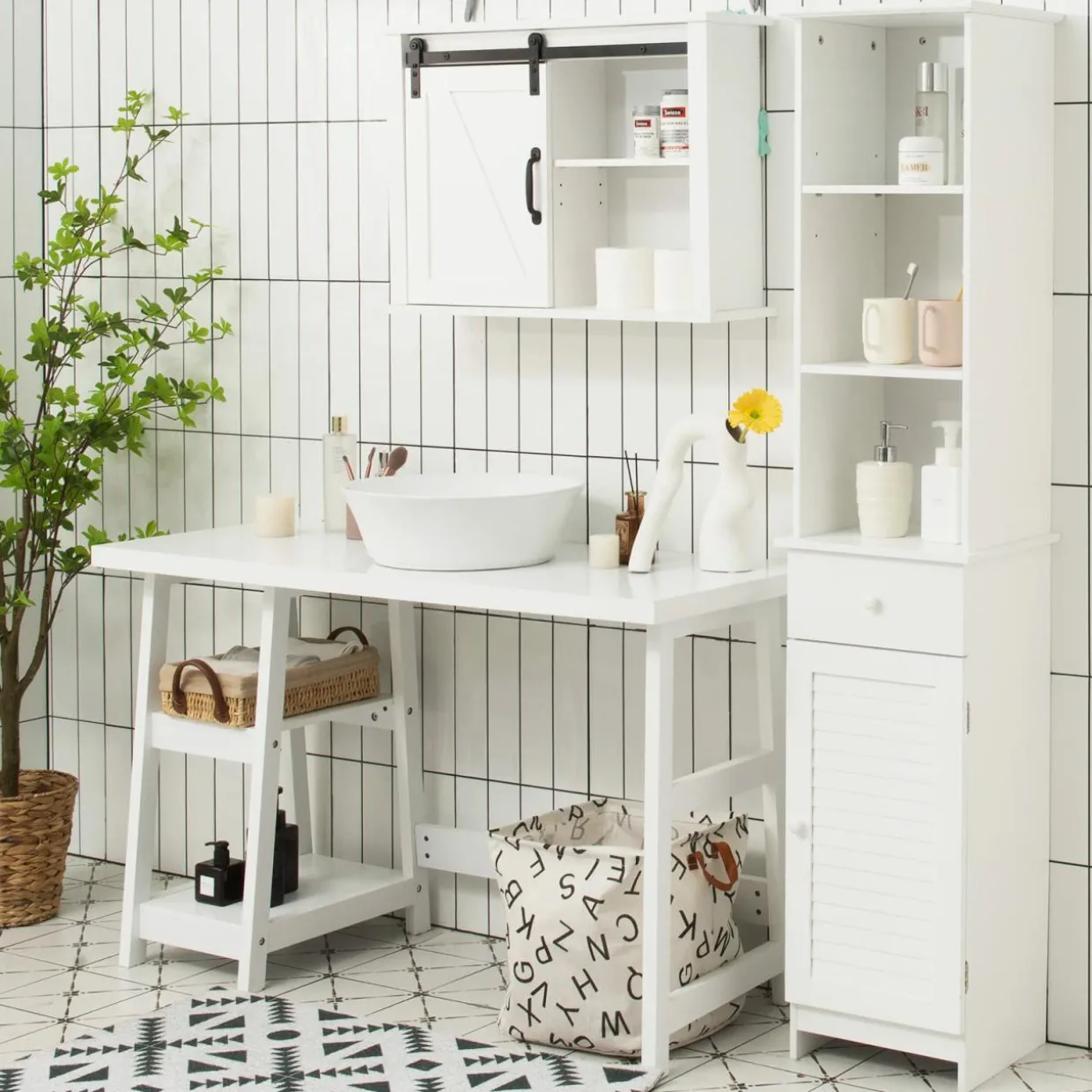 Tangkula Tall Bathroom Cabinet, Slim Storage Cabinet with 3 Tier Shelf, 13.5 x 12 x 64.5 Inches