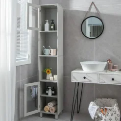 Tangkula Tall Bathroom Cabinet, Home Bedroom Living Room Wood Linen Storage Cabinet Free Standing