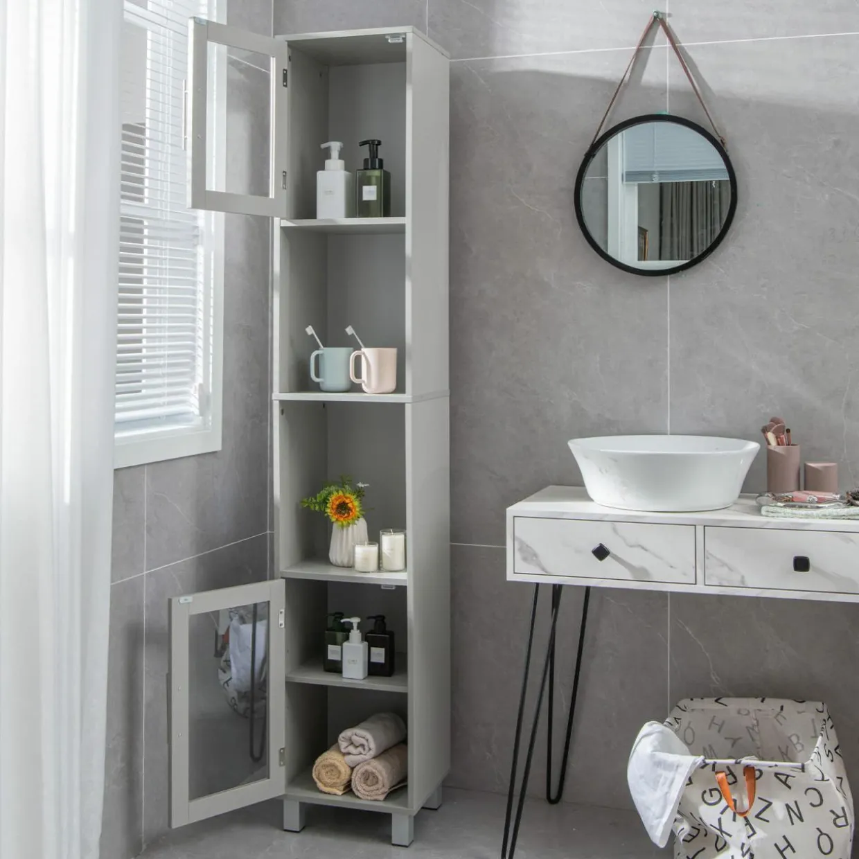 Tangkula Tall Bathroom Cabinet, Home Bedroom Living Room Wood Linen Storage Cabinet Free Standing