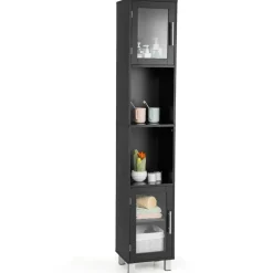 Tangkula Tall Bathroom Cabinet, Home Bedroom Living Room Wood Linen Storage Cabinet Free Standing