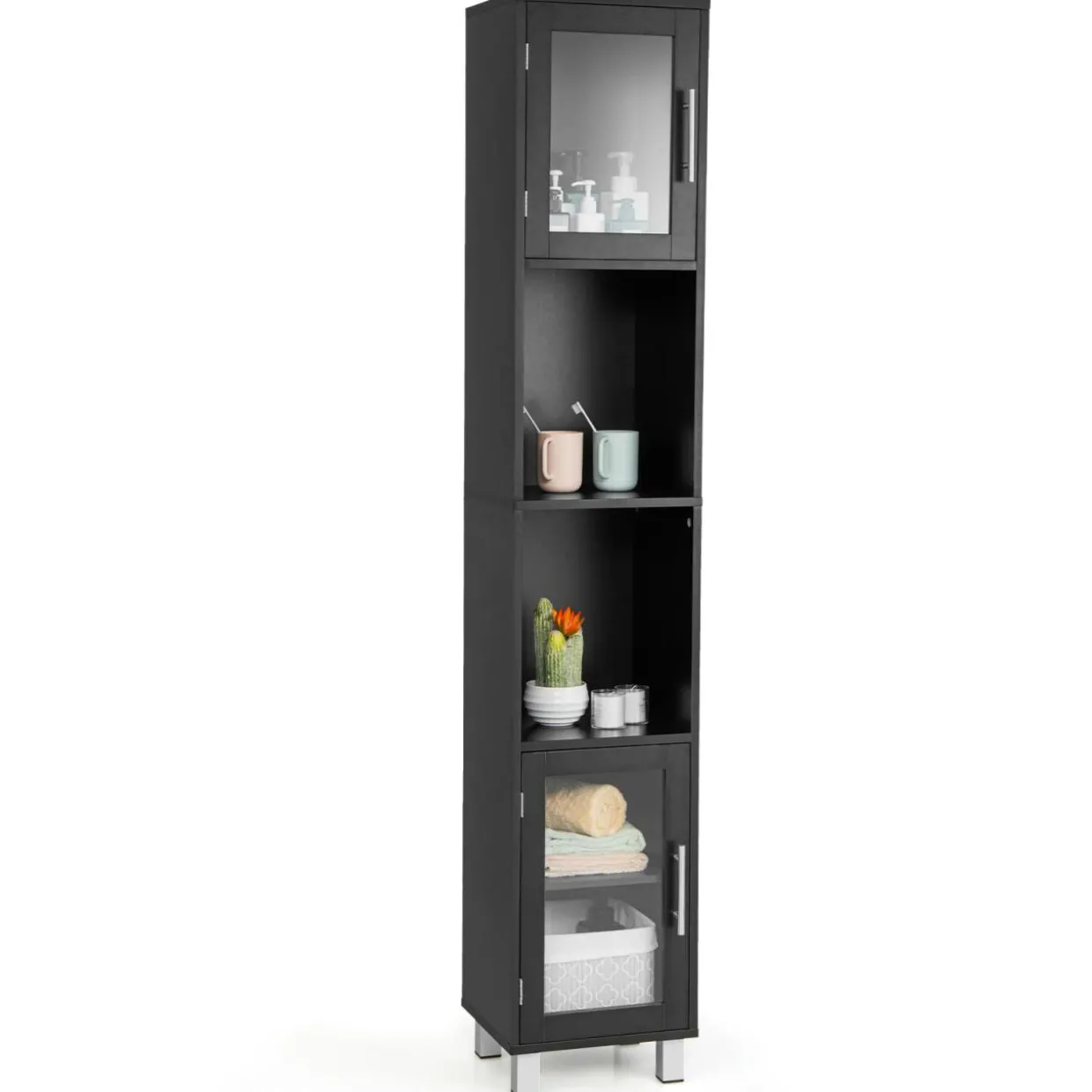 Tangkula Tall Bathroom Cabinet, Home Bedroom Living Room Wood Linen Storage Cabinet Free Standing