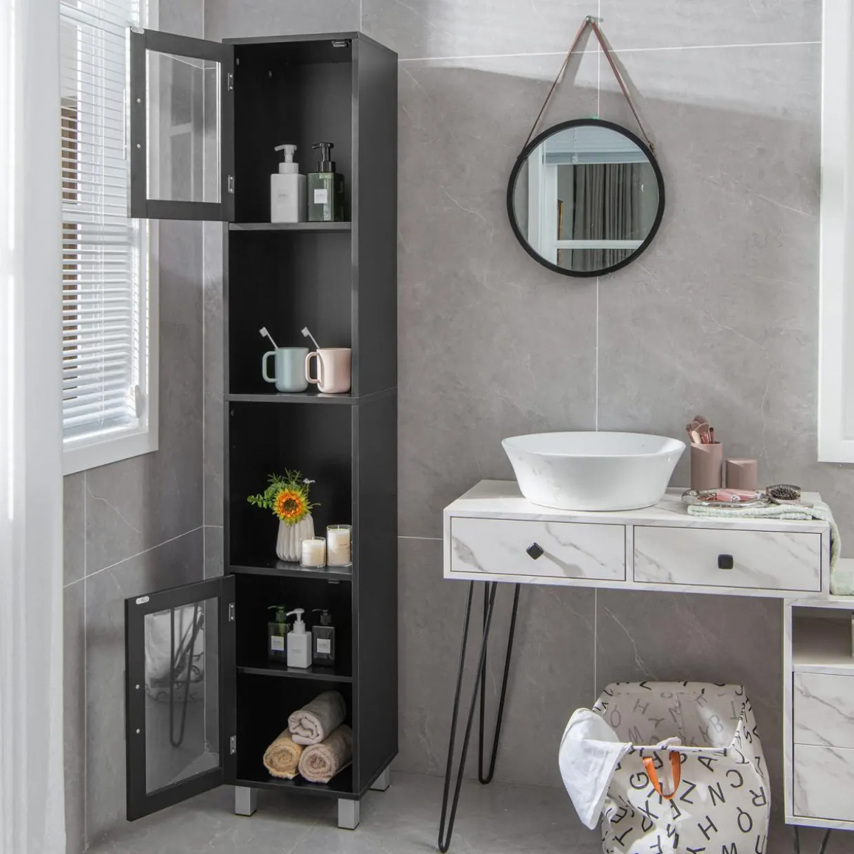 Tangkula Tall Bathroom Cabinet, Home Bedroom Living Room Wood Linen Storage Cabinet Free Standing