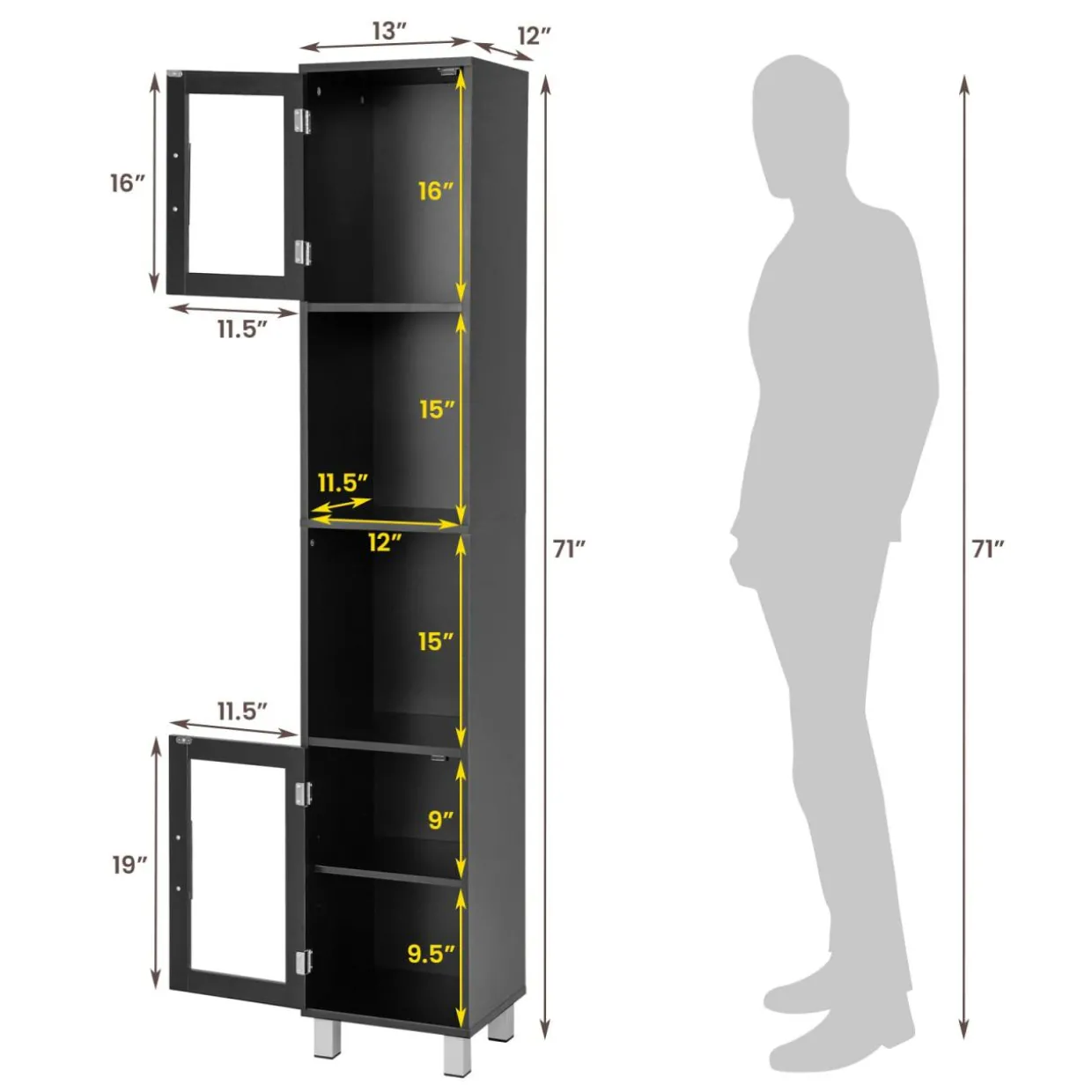 Tangkula Tall Bathroom Cabinet, Home Bedroom Living Room Wood Linen Storage Cabinet Free Standing