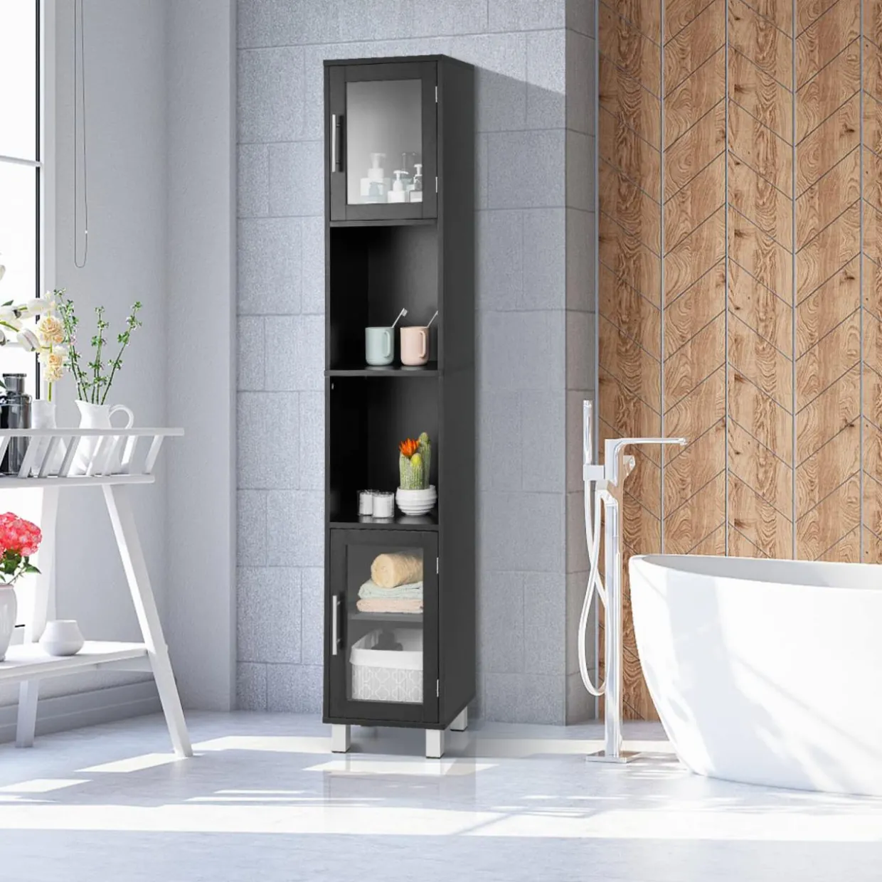 Tangkula Tall Bathroom Cabinet, Home Bedroom Living Room Wood Linen Storage Cabinet Free Standing