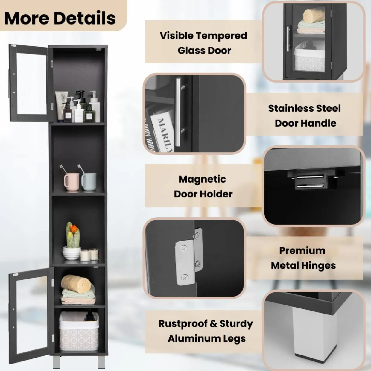 Tangkula Tall Bathroom Cabinet, Home Bedroom Living Room Wood Linen Storage Cabinet Free Standing