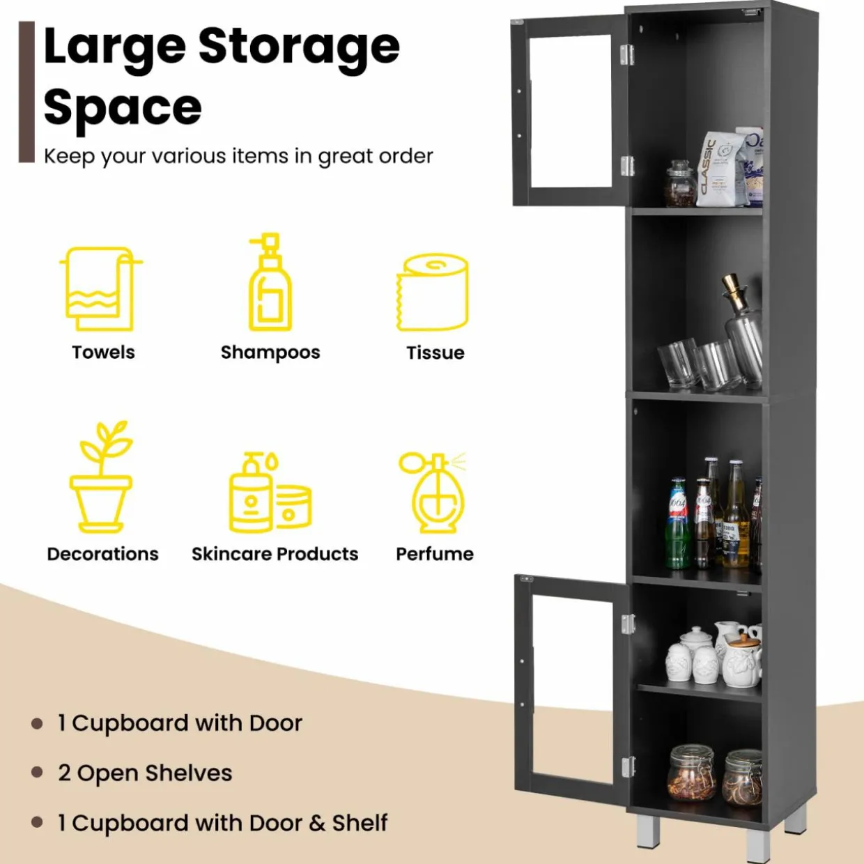 Tangkula Tall Bathroom Cabinet, Home Bedroom Living Room Wood Linen Storage Cabinet Free Standing