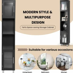 Tangkula Tall Bathroom Cabinet, Home Bedroom Living Room Wood Linen Storage Cabinet Free Standing