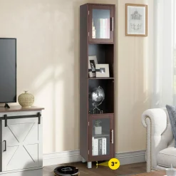 Tangkula Tall Bathroom Cabinet, Home Bedroom Living Room Wood Linen Storage Cabinet Free Standing