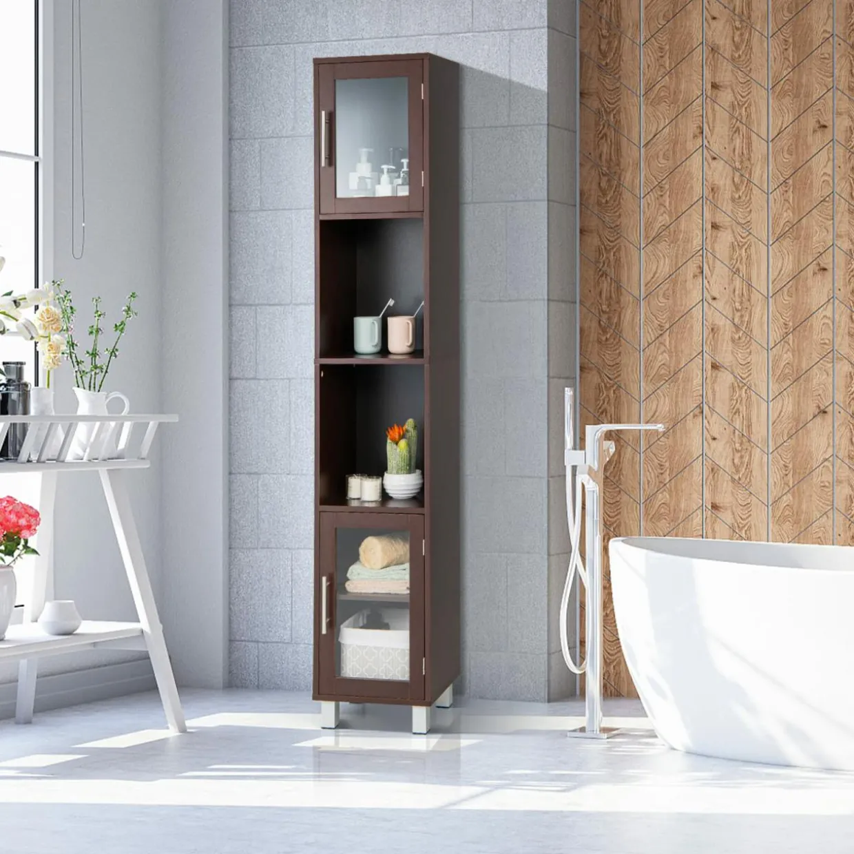 Tangkula Tall Bathroom Cabinet, Home Bedroom Living Room Wood Linen Storage Cabinet Free Standing