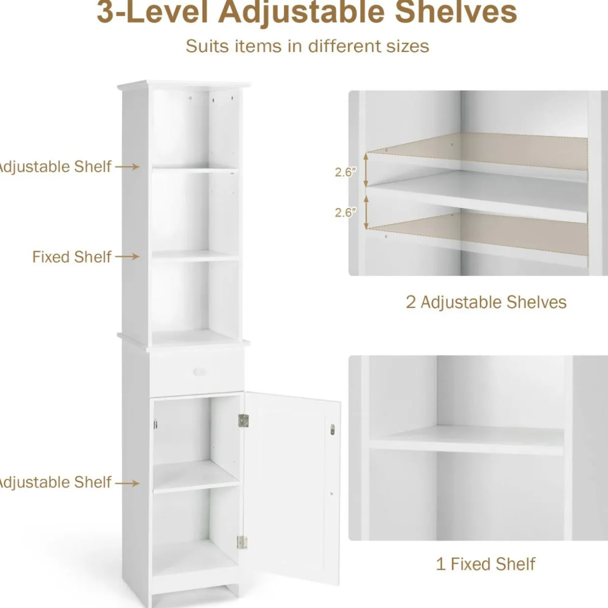 Tangkula Tall Bathroom Cabinet, Slim Storage Cabinet with 3 Tier Shelf, 13.5 x 12 x 64.5 Inches