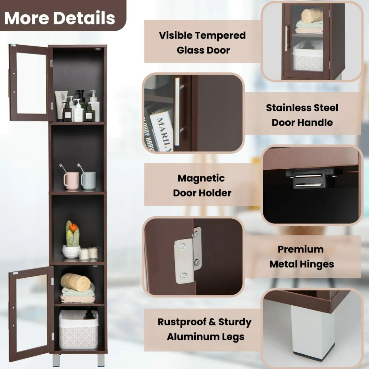 Tangkula Tall Bathroom Cabinet, Home Bedroom Living Room Wood Linen Storage Cabinet Free Standing