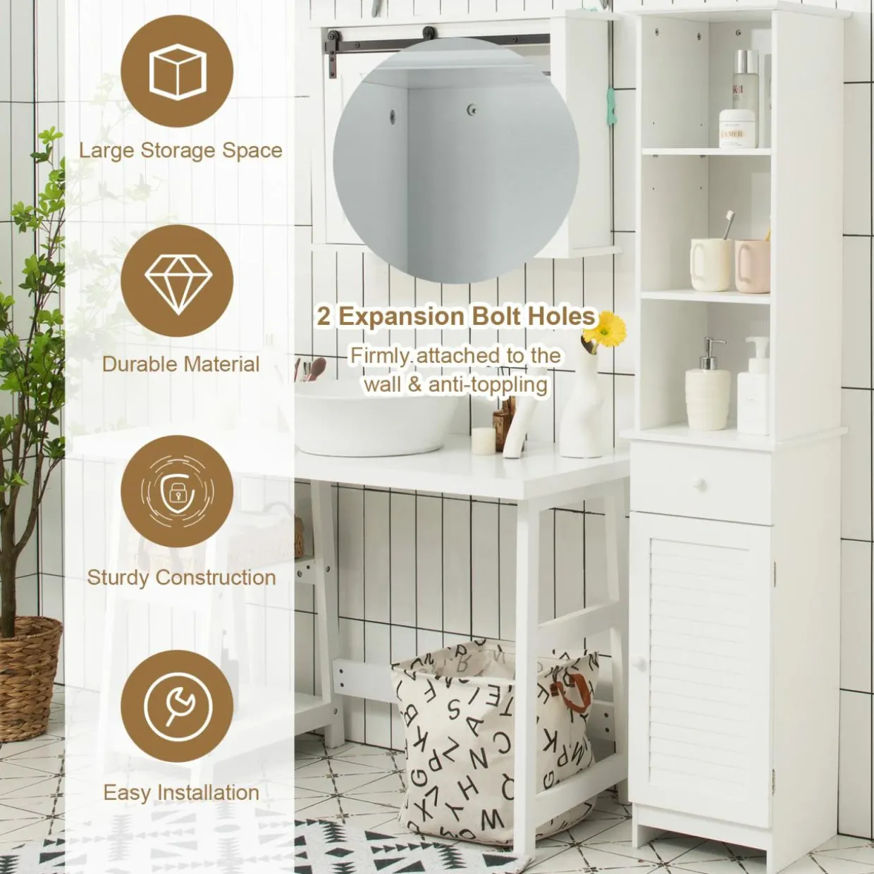 Tangkula Tall Bathroom Cabinet, Slim Storage Cabinet with 3 Tier Shelf, 13.5 x 12 x 64.5 Inches
