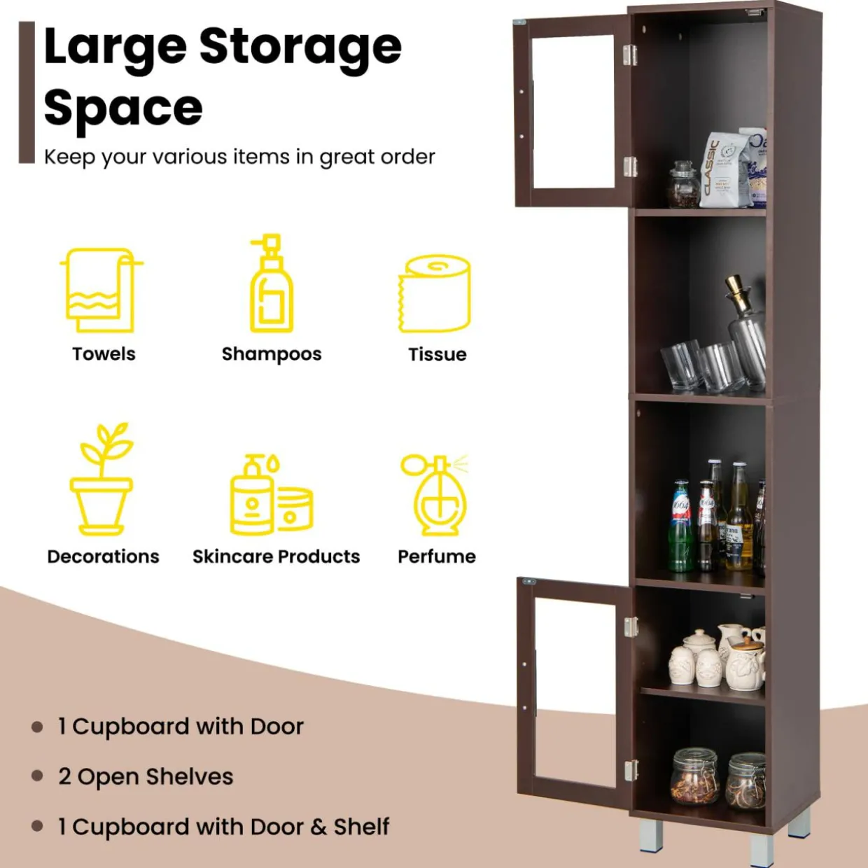 Tangkula Tall Bathroom Cabinet, Home Bedroom Living Room Wood Linen Storage Cabinet Free Standing
