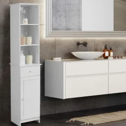 Tangkula Tall Bathroom Cabinet, Slim Storage Cabinet with 3 Tier Shelf, 13.5 x 12 x 64.5 Inches