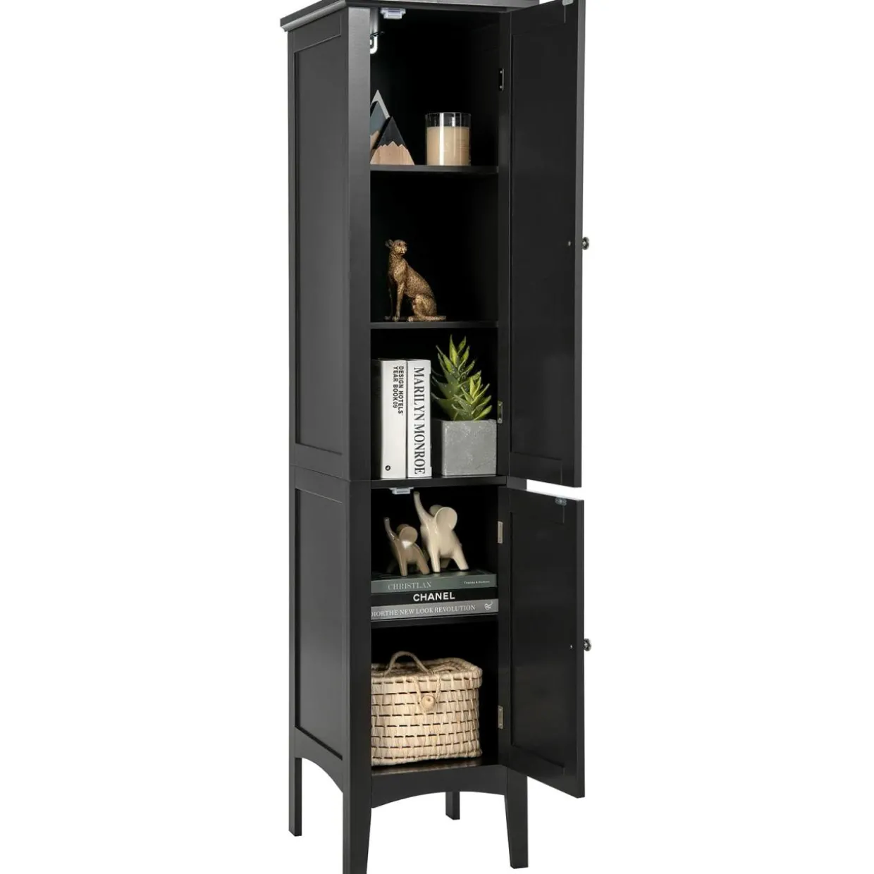 Tangkula Tall Bathroom Storage Cabinet, 5-Tier Wooden Freestanding Tower Cabinet Floor Organizer