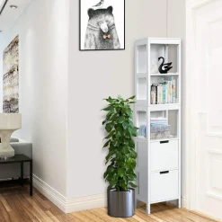 Tangkula Tall Bathroom Storage Cabinet, Multifunctional Bathroom Floor Cabinet with 3 Tier Shelves and 2 Drawers