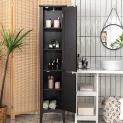 Tangkula Tall Bathroom Storage Cabinet, 5-Tier Wooden Freestanding Tower Cabinet Floor Organizer