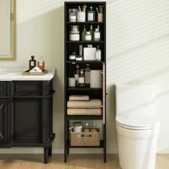 Tangkula Tall Bathroom Storage Cabinet with 1 Door and 4 Shelves, 57" H Narrow Floor Cabinet with Adjustable Shelves