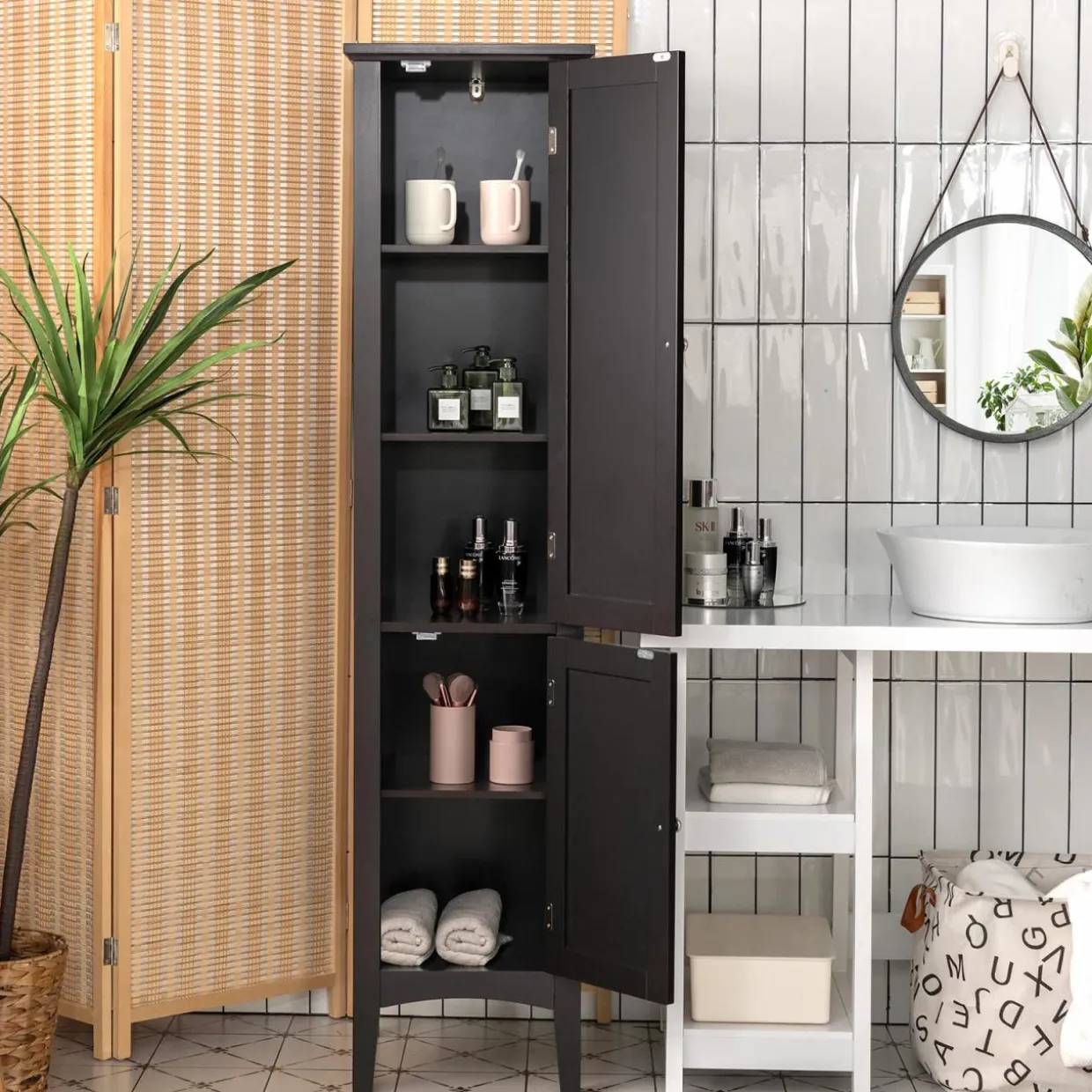 Tangkula Tall Bathroom Storage Cabinet, 5-Tier Wooden Freestanding Tower Cabinet Floor Organizer