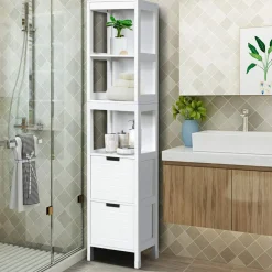 Tangkula Tall Bathroom Storage Cabinet, Multifunctional Bathroom Floor Cabinet with 3 Tier Shelves and 2 Drawers