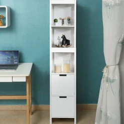Tangkula Tall Bathroom Storage Cabinet, Multifunctional Bathroom Floor Cabinet with 3 Tier Shelves and 2 Drawers