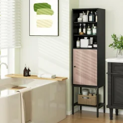 Tangkula Tall Bathroom Storage Cabinet with 1 Door and 4 Shelves, 57