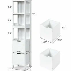 Tangkula Tall Bathroom Storage Cabinet, Multifunctional Bathroom Floor Cabinet with 3 Tier Shelves and 2 Drawers