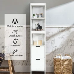 Tangkula Tall Bathroom Storage Cabinet, Multifunctional Bathroom Floor Cabinet with 3 Tier Shelves and 2 Drawers