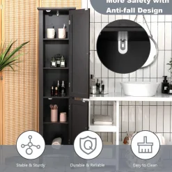 Tangkula Tall Bathroom Storage Cabinet, 5-Tier Wooden Freestanding Tower Cabinet Floor Organizer