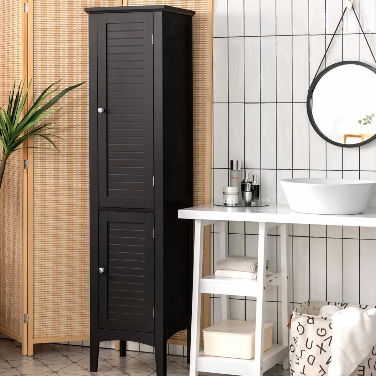 Tangkula Tall Bathroom Storage Cabinet, 5-Tier Wooden Freestanding Tower Cabinet Floor Organizer