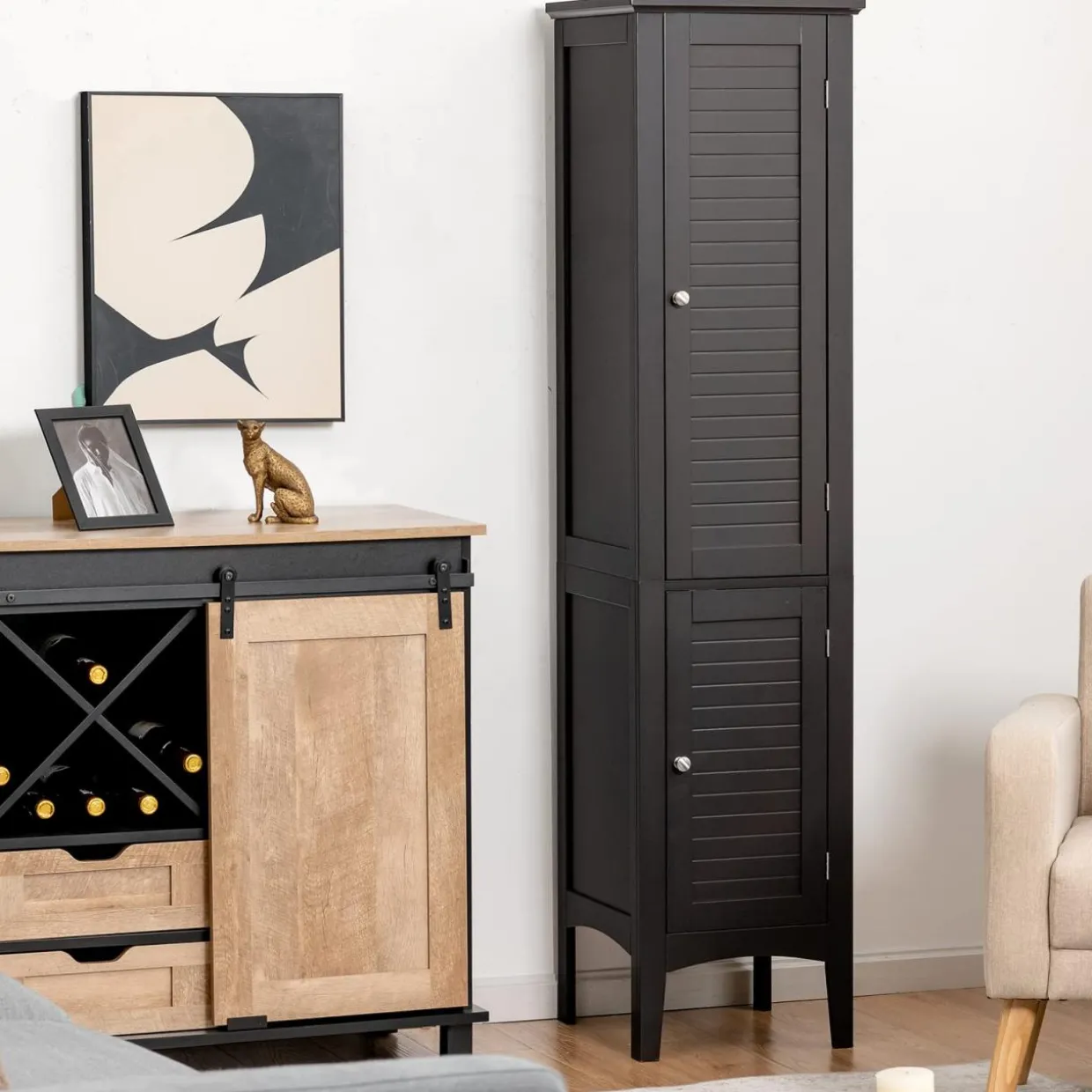 Tangkula Tall Bathroom Storage Cabinet, 5-Tier Wooden Freestanding Tower Cabinet Floor Organizer