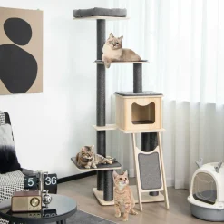 Tangkula Tall Cat Tree, 69 Inch 5-Tier Wood Cat Tower with Scratching Sisal Posts, Top Perch, Cute Cat Condo