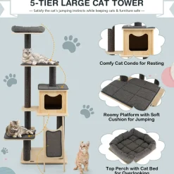 Tangkula Tall Cat Tree, 69 Inch 5-Tier Wood Cat Tower with Scratching Sisal Posts, Top Perch, Cute Cat Condo