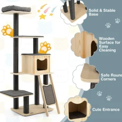 Tangkula Tall Cat Tree, 69 Inch 5-Tier Wood Cat Tower with Scratching Sisal Posts, Top Perch, Cute Cat Condo