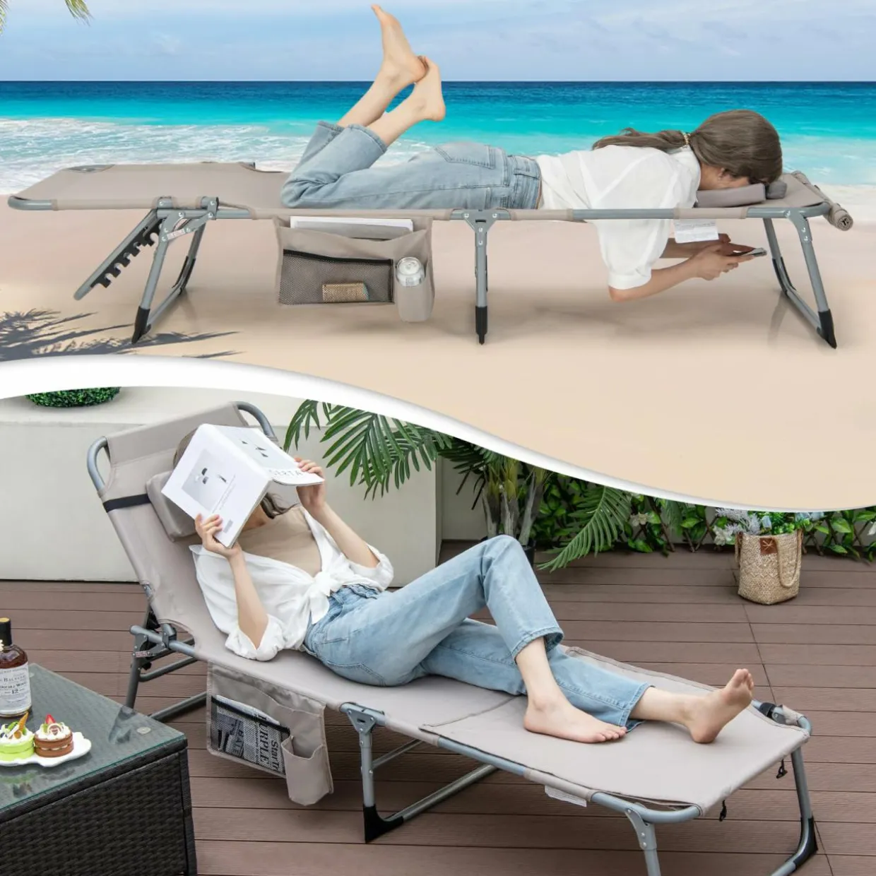 Tangkula Tanning Chair, Outdoor Folding Beach Lounge Chair with Face Hole