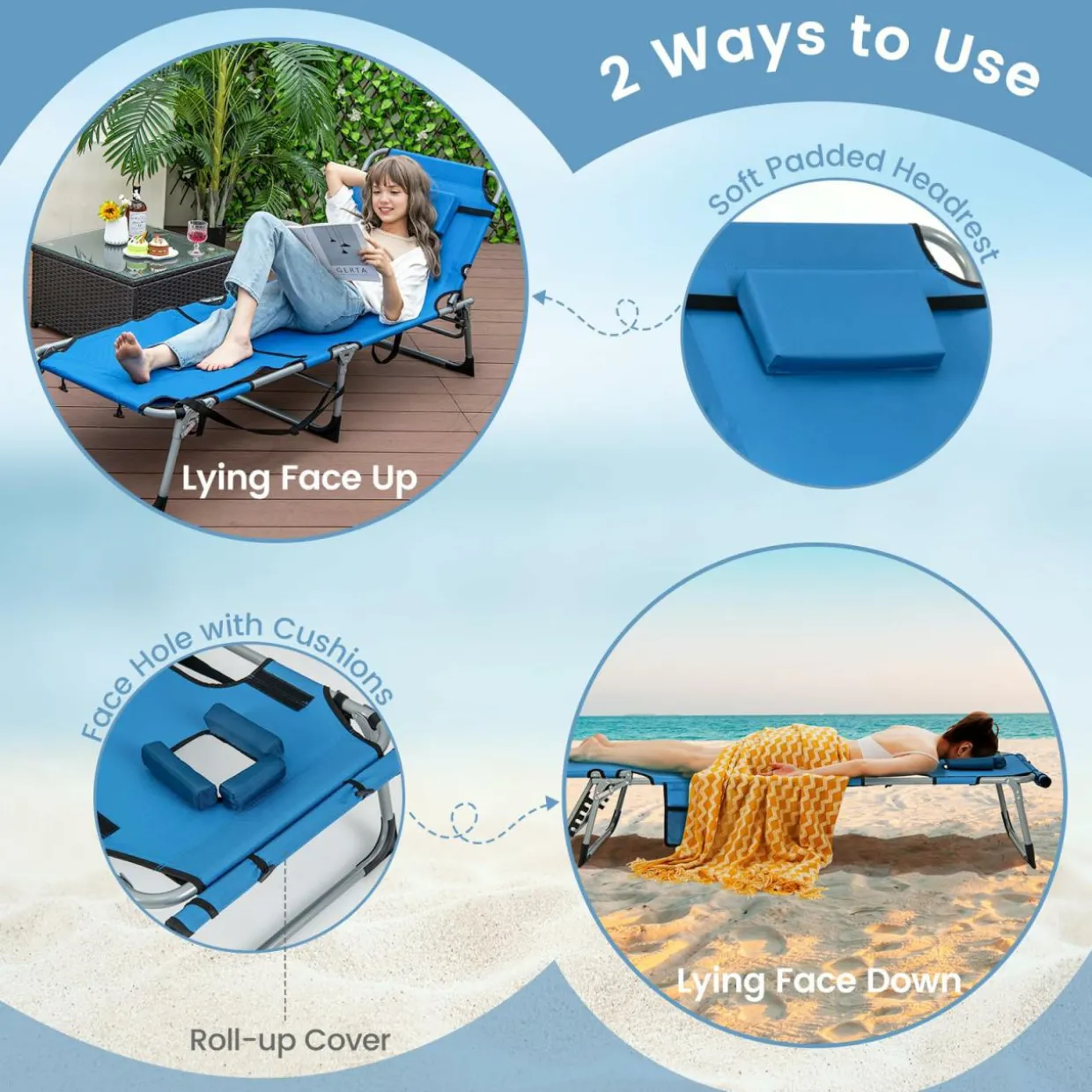 Tangkula Tanning Chair, Outdoor Folding Beach Lounge Chair with Face Hole