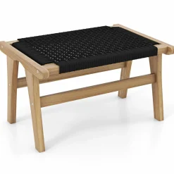 Tangkula Teak Ottoman Footstool, Natural Teak Wood Foot Rest with Handwoven Cordage