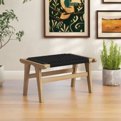 Tangkula Teak Ottoman Footstool, Natural Teak Wood Foot Rest with Handwoven Cordage
