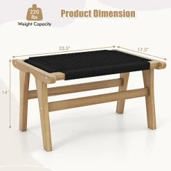 Tangkula Teak Ottoman Footstool, Natural Teak Wood Foot Rest with Handwoven Cordage