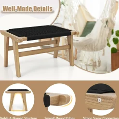 Tangkula Teak Ottoman Footstool, Natural Teak Wood Foot Rest with Handwoven Cordage